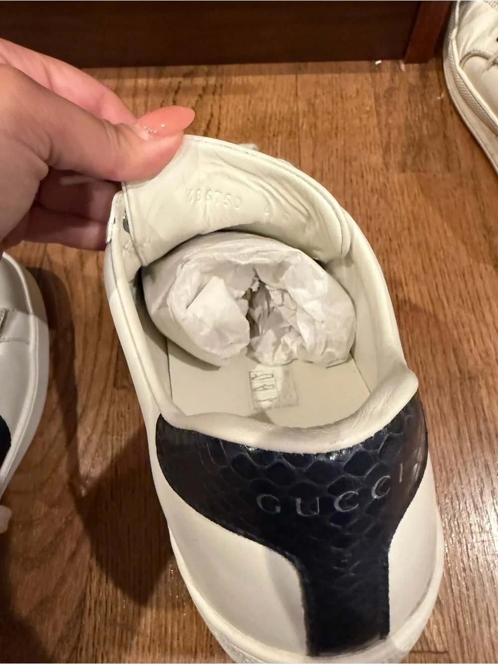 Gucci Ace Classic White Leather Web Stripe Sneakers Navy Snakeskin Heel